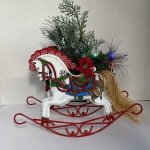 Colorful Wood Rocking Horse Lighted Floral Christmas 9.5” Centerpiece Vintage